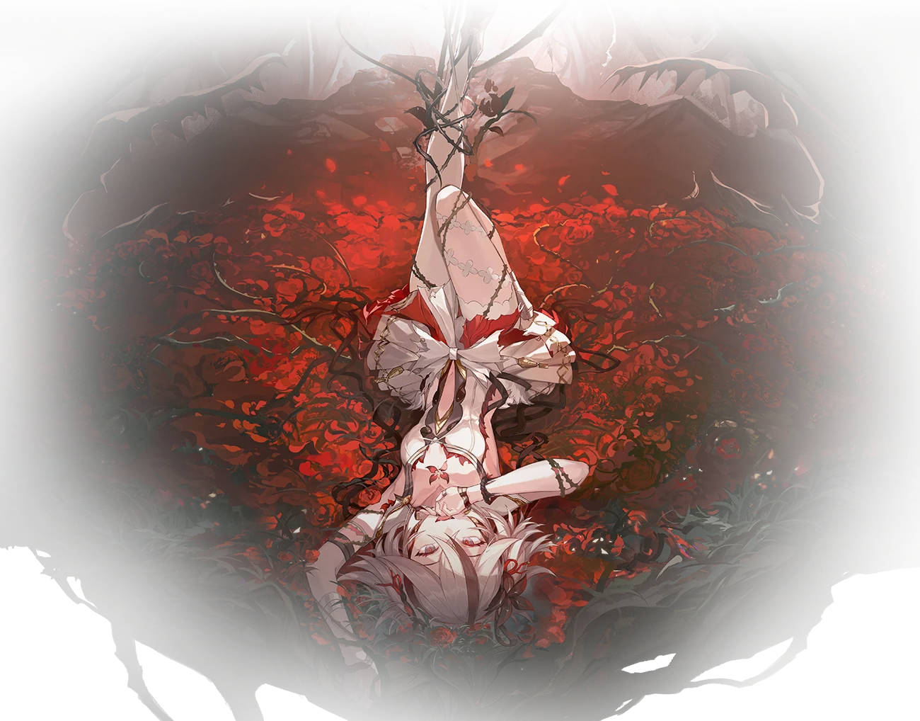 Camellya hanging upside down beneath a scarlet tree in official artwork