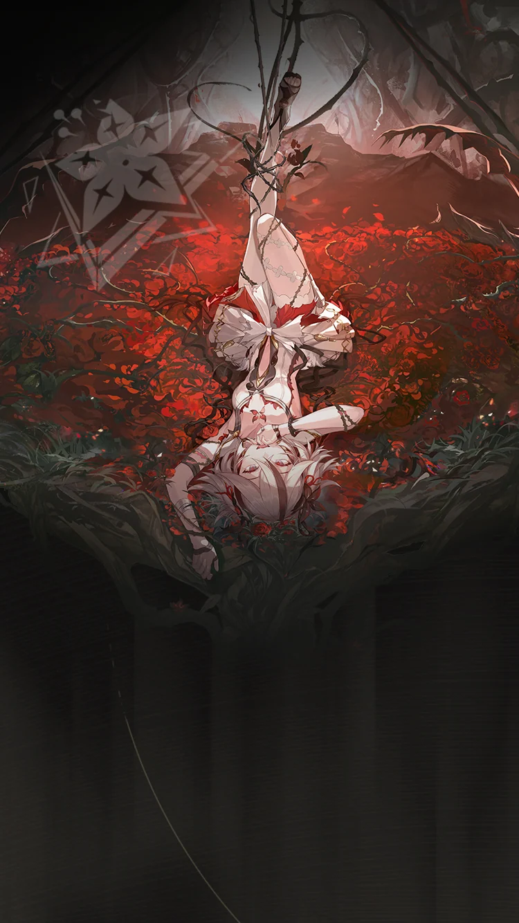 Camellya amid a scarlet tree and dark foliage in the official vertical showcase