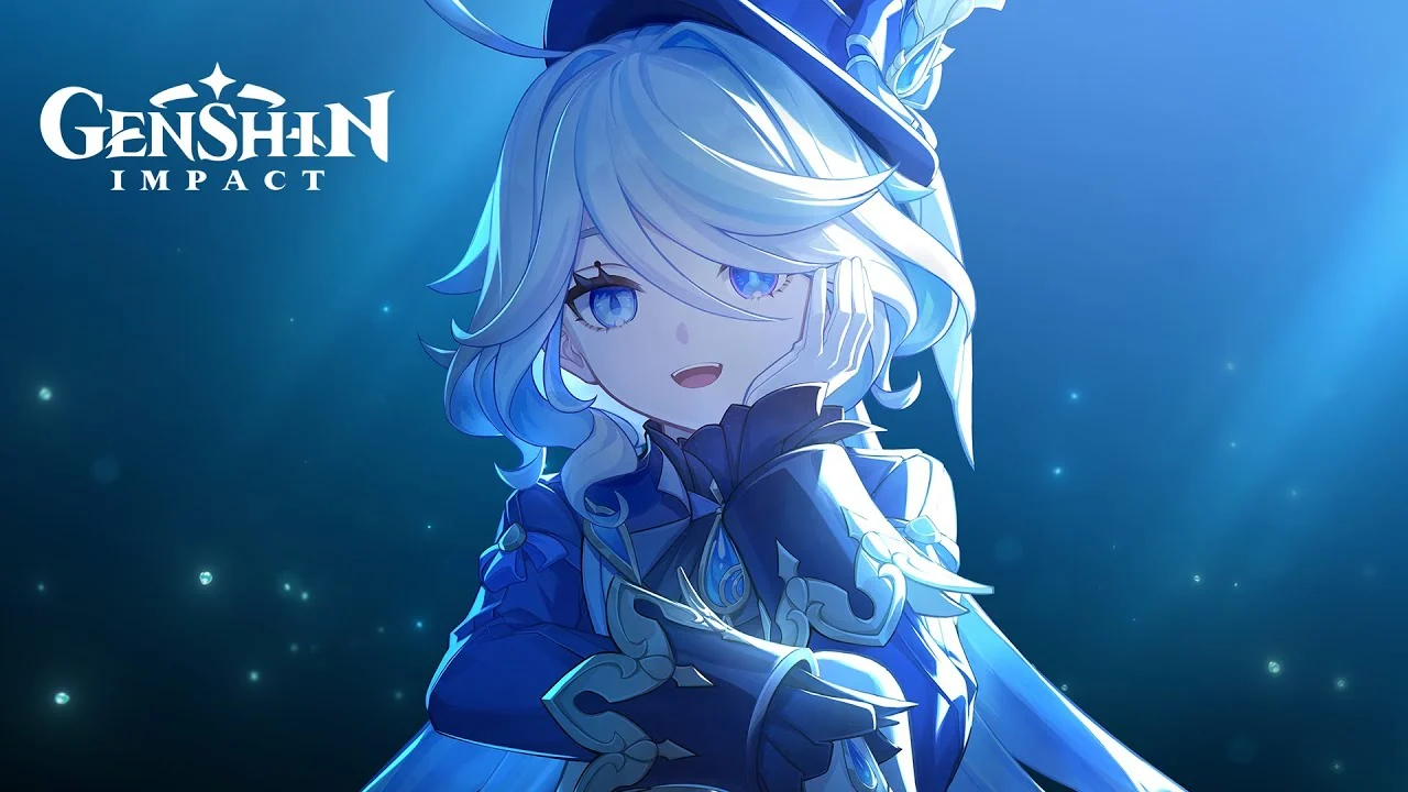 Furina looking toward a shining blue light in official teaser artwork