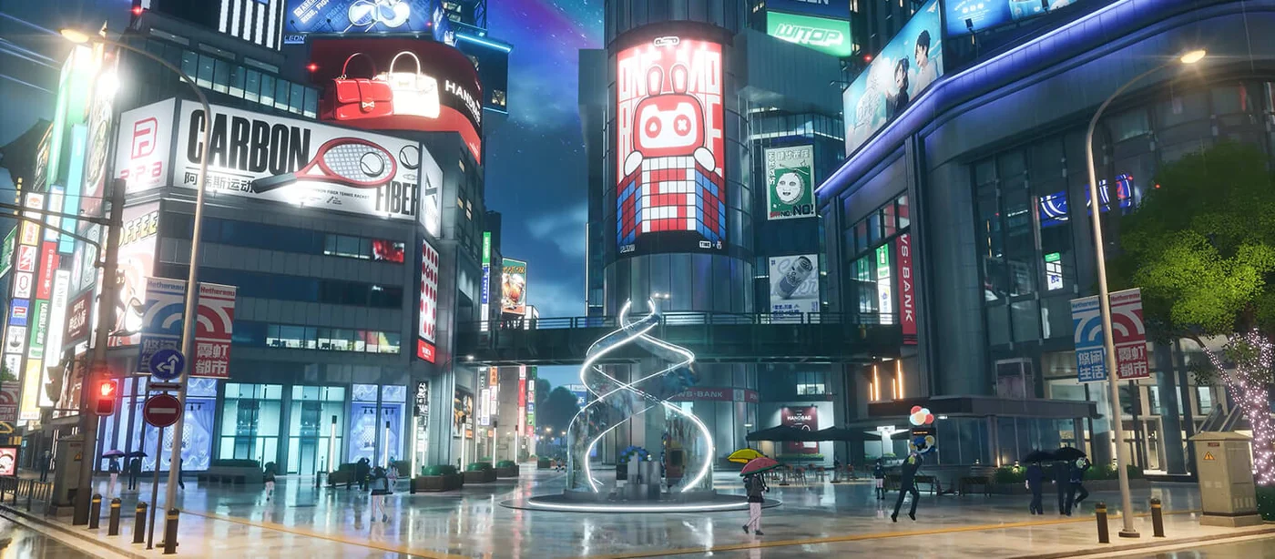 Neon signs and an illuminated sculpture above a wet plaza in Downtown New Herland