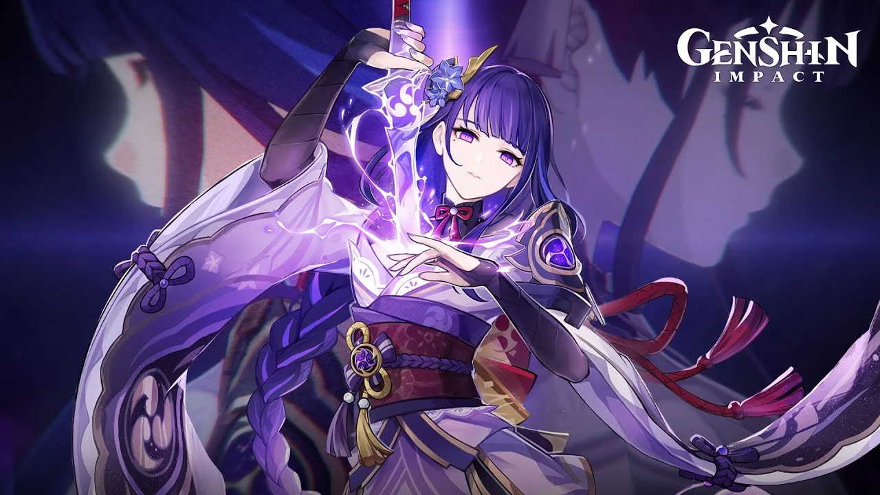 Raiden Shogun holding a glowing violet sword in official demo artwork