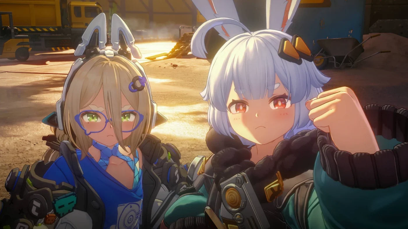 Taffy raising a fist beside another rabbit-eared figure at a warm-lit depot